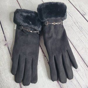 Black Synthetic Fur-Cuffed Driving Gloves